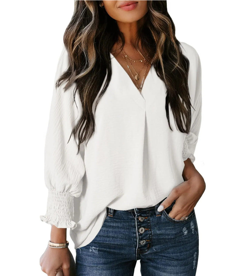V-neck casual long-sleeved loose shirt