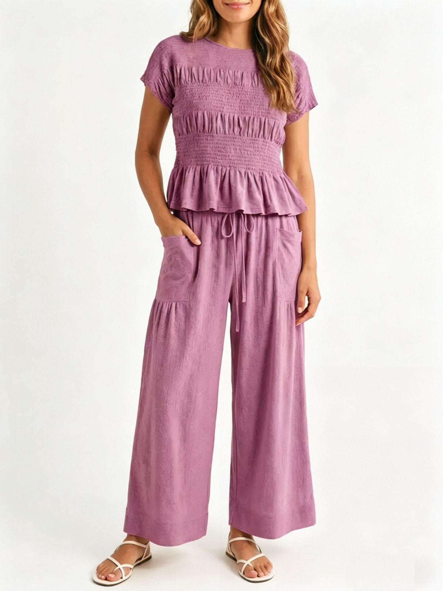 New short-sleeved high-waisted wide-leg pants two-piece set