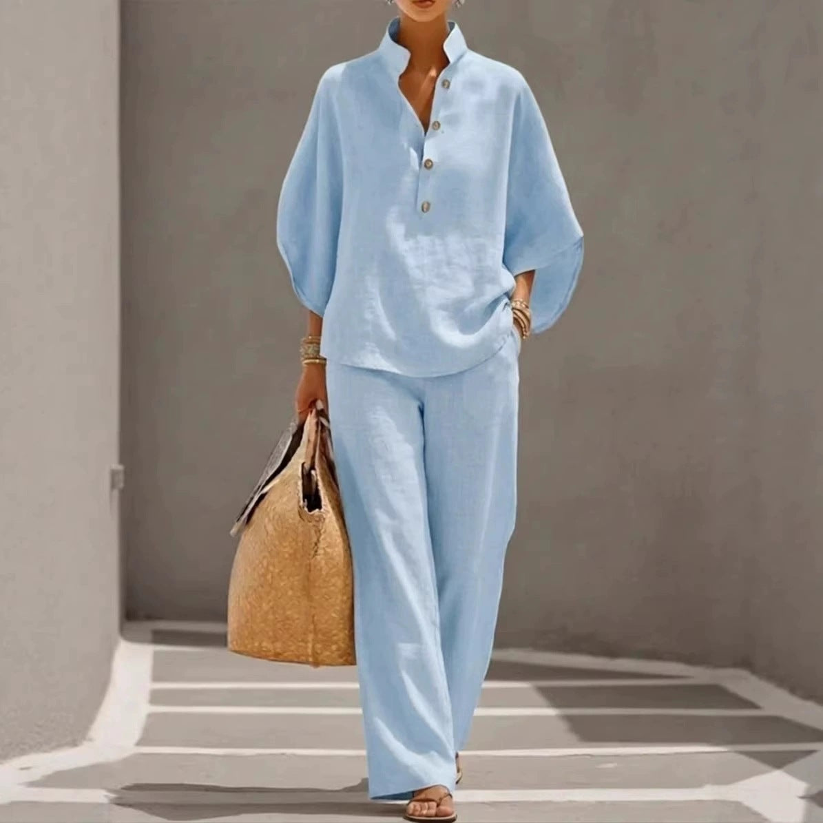 Women's  V-Neck 2-Piece Set - Batwing Sleeve Top & Wide Leg Pants