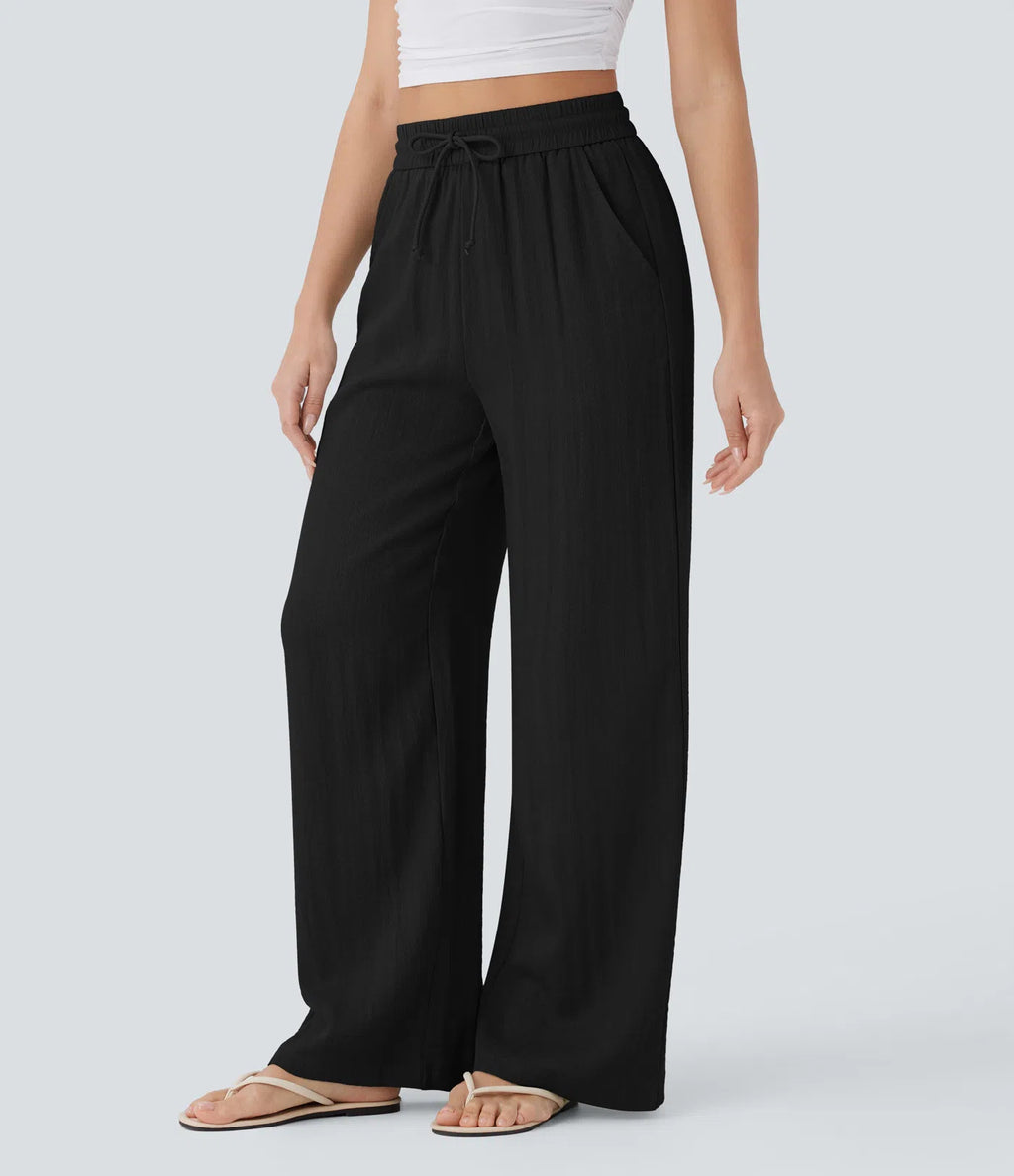 High-waisted drawstring side pocket wide-leg casual linen pants