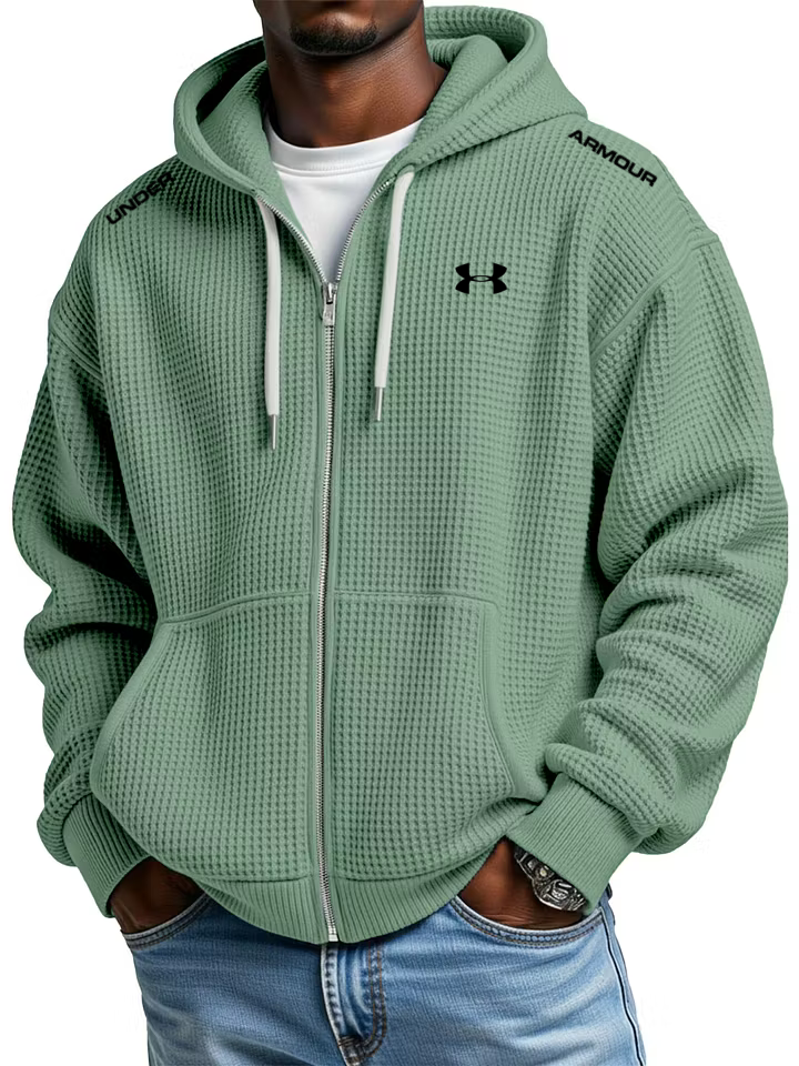 Men's cotton waffle knit casual sports hooded jacket