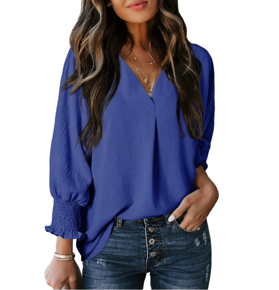V-neck casual long-sleeved loose shirt